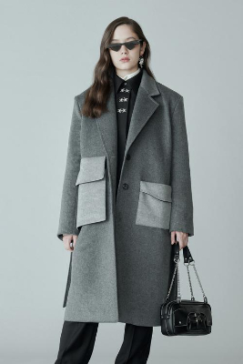 深花灰色呢大衣：51%羊毛混纺与拼接帽领设计(图2)