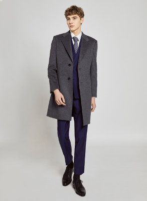 深花灰色呢大衣：51%羊毛混纺与拼接帽领设计(图3)